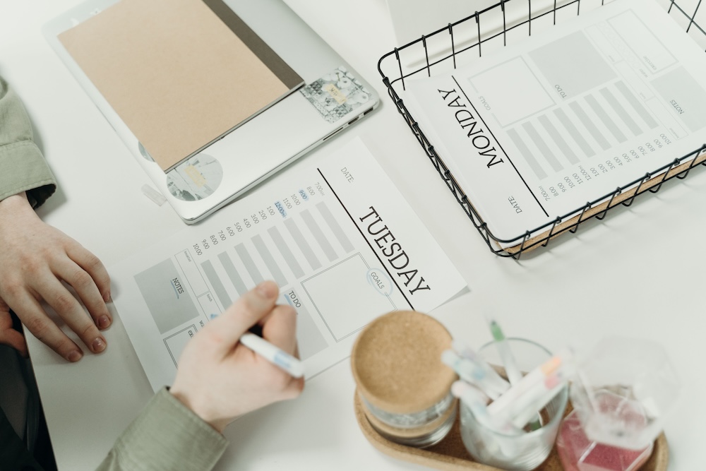 A weekly calendar and schedule — the recurring rhythm of sustained restitution after betrayal