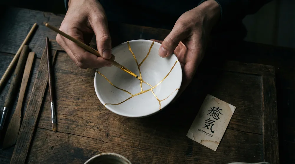 Hands repairing a kintsugi bowl with gold, healing that honors the break instead of hiding it
