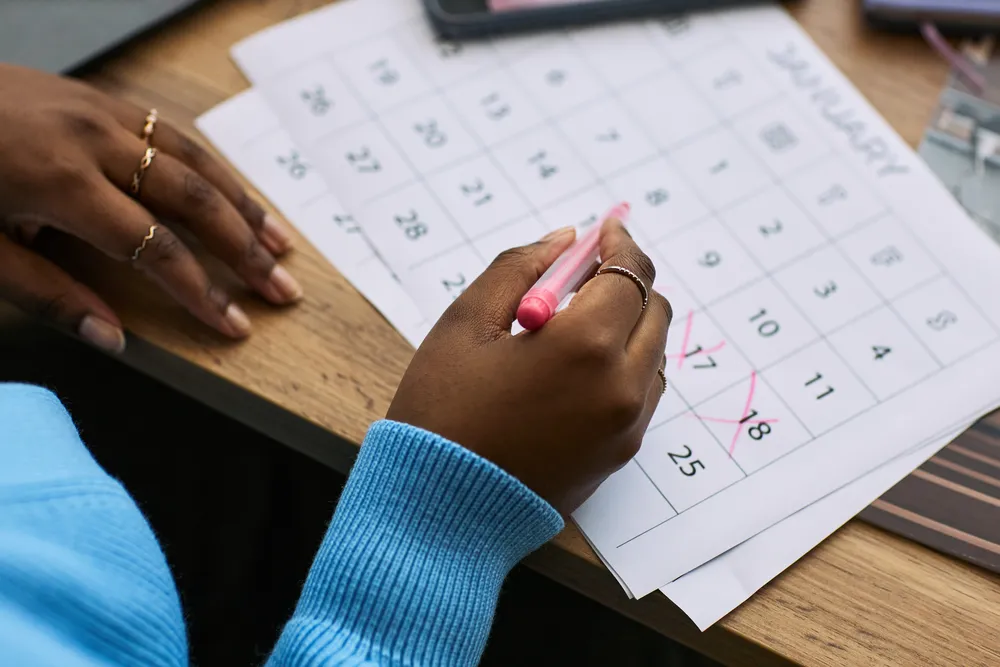 Hand marking dates on a wall calendar, tracking whether recovery is really changing over time
