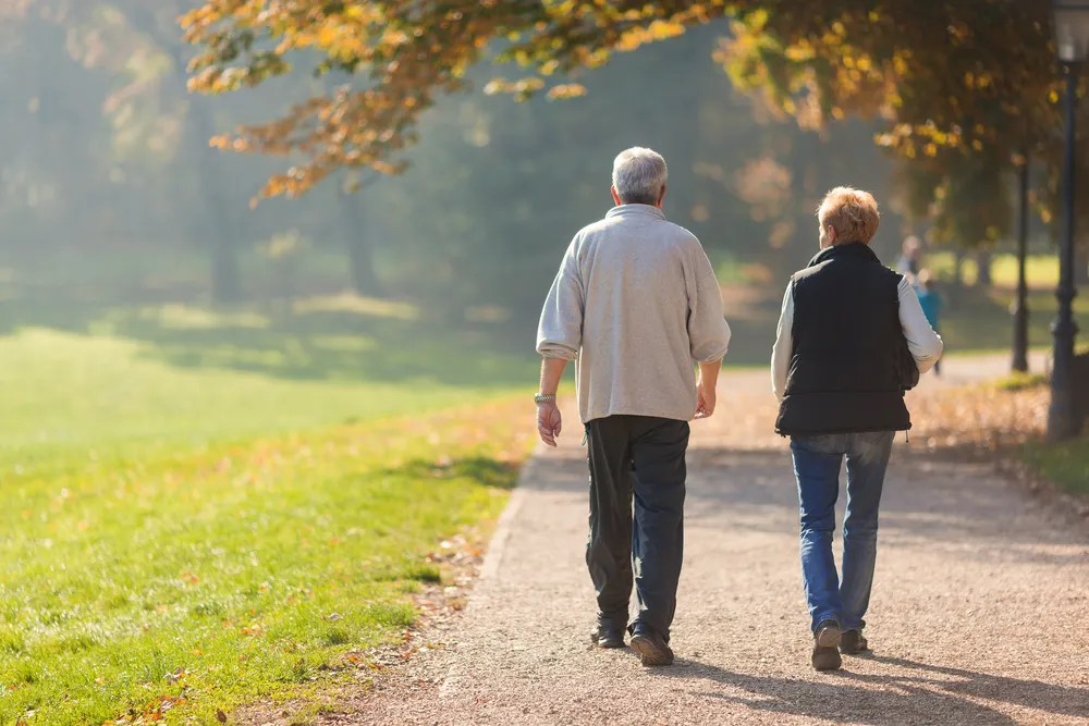 An older couple walking side by side down a park path in autumn light, not touching.